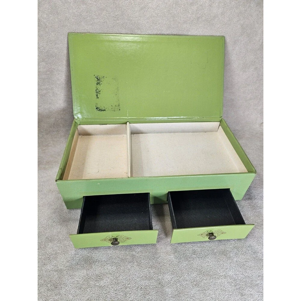 Vintage Cardboard/Leather-like Jewelry Box Green w/Tree 1960's Trinket 2 Drawers